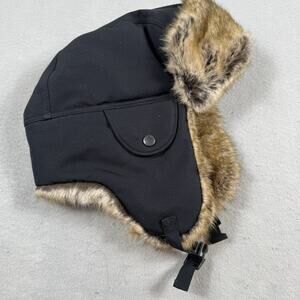 Lands’ End Expedition Trapper Hat LG / XL Black Faux Fur Lined Winter Ear Flap